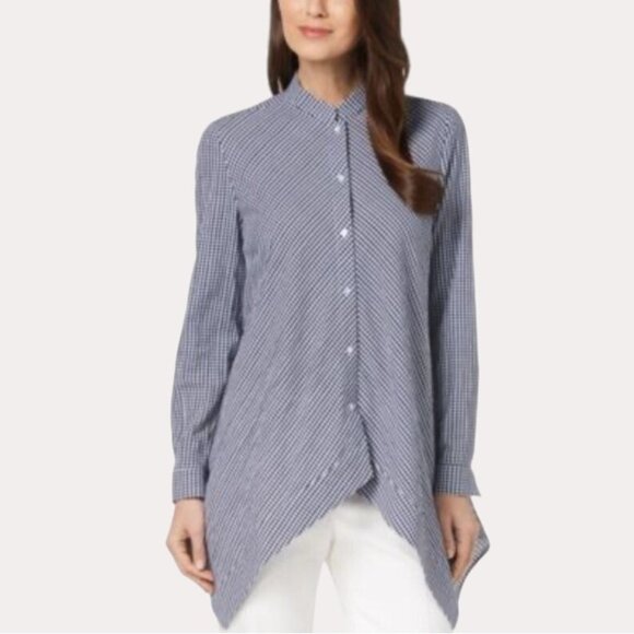 Anne Klein Button Front Blouse Tunic Top Gingham Navy Blue 10 - Picture 1 of 10